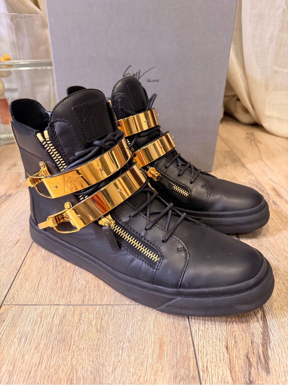 ♠️ Giuseppe Zanotti Skylar Black Gold Double Strap High Top Sneakers EU 45